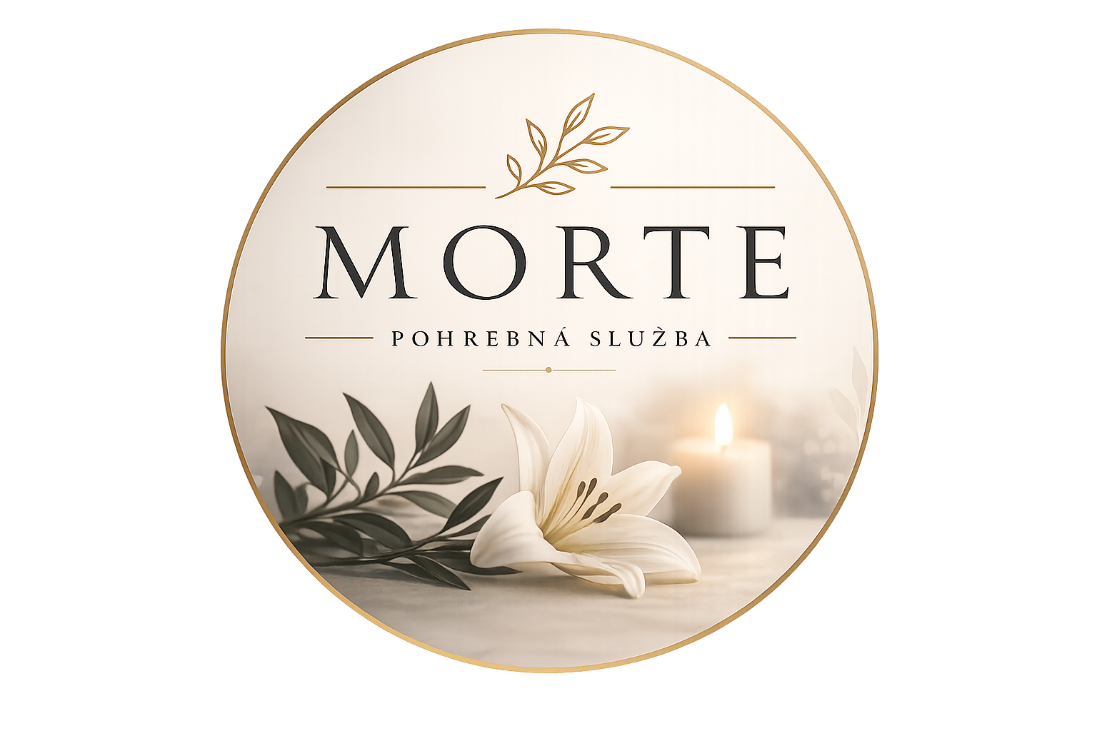 Kruhové logo s nápisom MORTE, vetvičkou a bielymi kvetmi na pozadí so sviečkou.